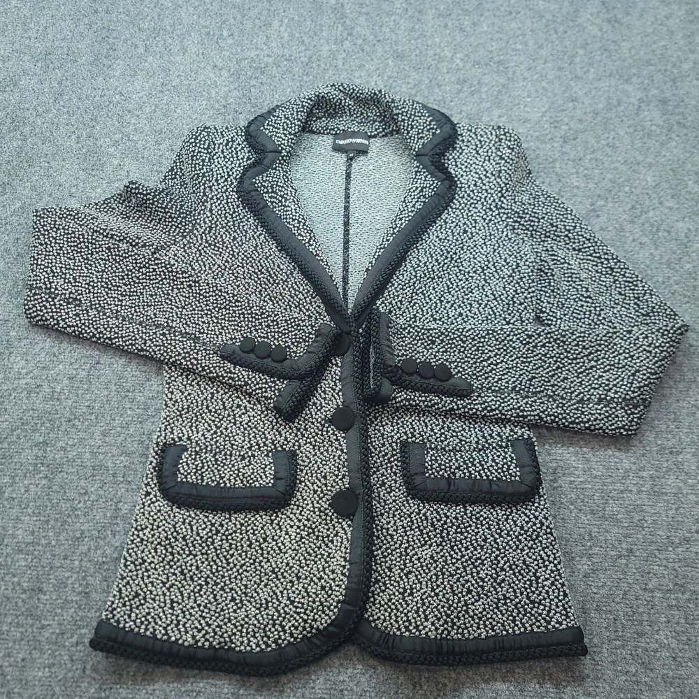 Vintage Emporio Armani Silver Lurex Boucle Knit Blazer Jacket Black Trim IT 42